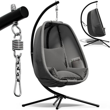 CASARIA® Sedia sospesa da esterno con telaio 2 tasche laterali cuscino XXL poltrona a dondolo interno 150 kg di carico nera stabile resistente  Grigio (1/5)