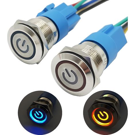 2 Pcs 12V Verrouillage Bouton-poussoir LED Démarrage Bouton ON/OFF Commutateur Bouton Auto-bloquant en Acier Inoxydable Interrupteur Etanche (Bleu + Rouge, 16mm) (1/5)