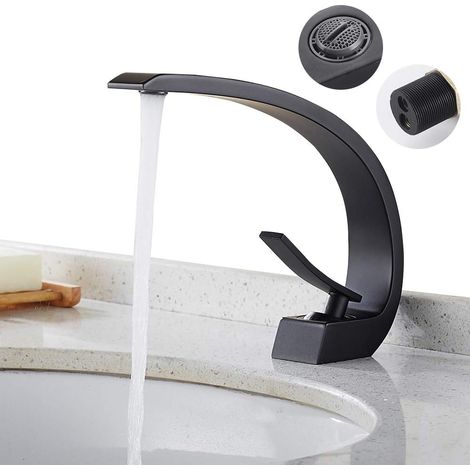 Robinet Lavabo Monotrou - Cascade Arc Noir - Cuivre Chromé - Température 1 à 90 °C - Pour Évier Vasque Salle de Bain - 1 Pièce