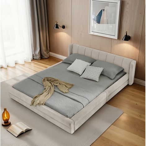 lit adulte 160x200 chenille beige dossier ergonomique HAVRYA (1/5)