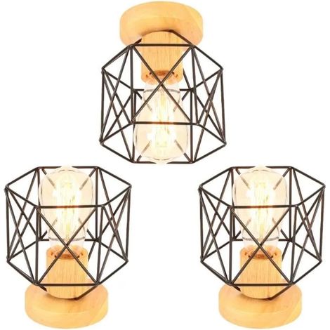 Lot de 3 Plafonnier en Cage Carré,E27 Retro Plafonnier Industrielle Abat-jour Fer Lampe de Plafonnier Style Edison pour Salon (1/4)