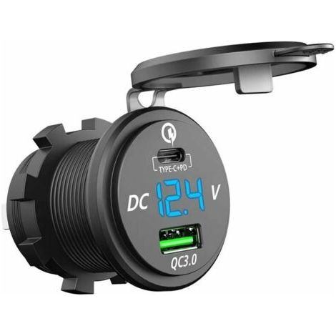 Chargeur rapide USB C voiture 12V/24V QC 3.0 64W double prise étanche avec voltmètre LED – Charge rapide pour bateaux et motos (1/5)