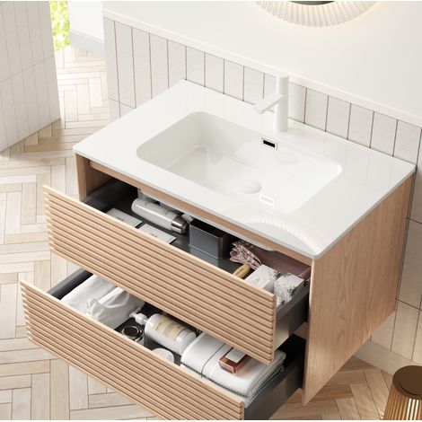 Mueble de baño con lavabo suspendido 81 cm moderno en contrachapado acabado nogal natural con lavabo cerámico blanco y 2 cajones (1/5)