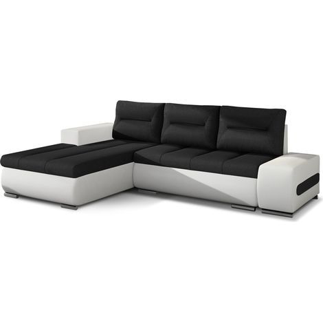 Canapé convertible angle gauche tissu noir et simili blanc Waker 275cm (1/5)