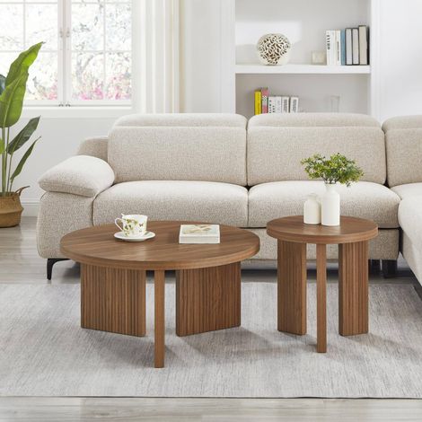 Lot de 2 tables basses rondes effet noyer, tables d’appoint modernes en MDF avec structure rainurée (1/5)