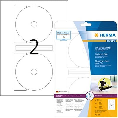 Herma 5115 Etiquette pour CD Ø 116 mm papier blanc 50 pc(s) fixation permanente imprimante à jet d'encre, imprimante la (1/5)