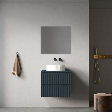 Mobile bagno sospeso cannettato 60 cm Blu Mare per Lavabo d'appoggio Specchio Quadro - Fiji Paint Top Canneté