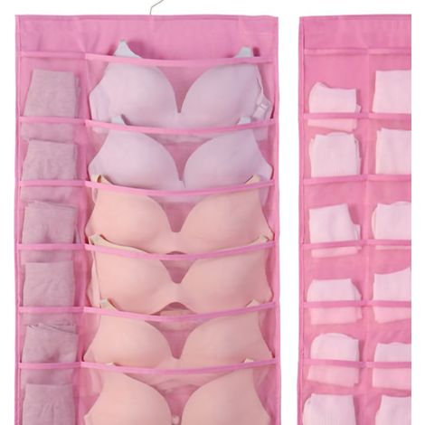 Doppelseitiger Hänge-BH-Organizer aus Oxford-Kunststoff mit 12 Vorder- und 24 Rückentaschen für Dessous und Socken, groß, rosa und waschbar (1/4)