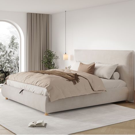 Lit coffre 2 places 180x200 cm velours crème avec sommier à lattes sans matelas - CHICFURN (1/5)