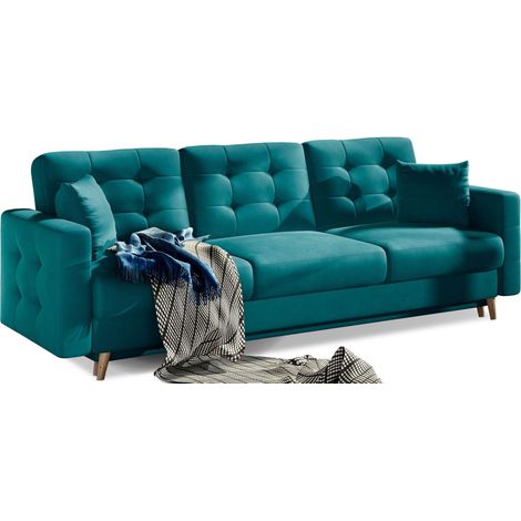 Canapé convertible velours ANSKA - Pieds bois naturel-Vert (1/5)