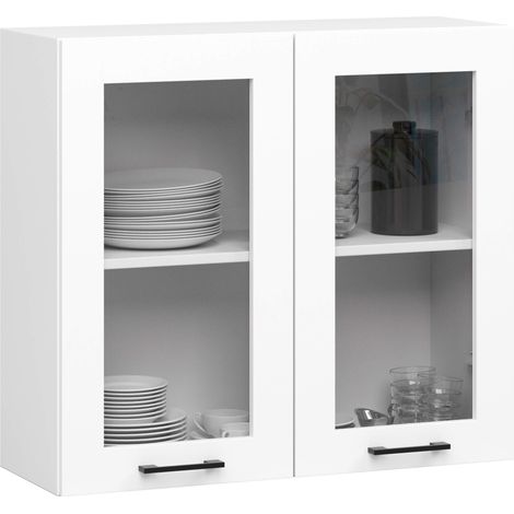 Akord – Vitrine de cuisine murale blanche 80 cm – 2 portes battantes – 2 étagères – Panneau stratifié – Dimensions 80x30,5x72 cm (1/5)