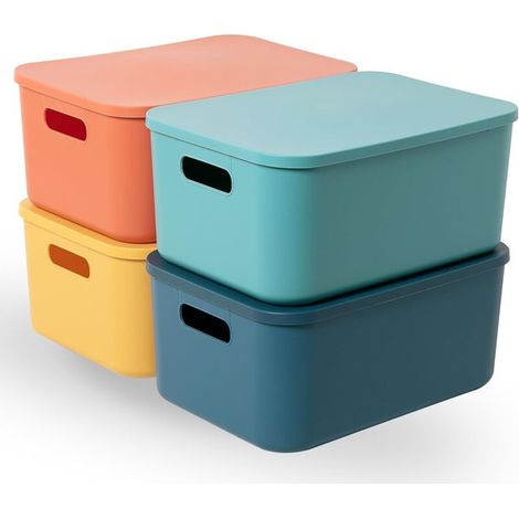 Set mit 4 stapelbaren Aufbewahrungsboxen aus Kunststoff mit Deckel, für Küche, Badezimmer, Büro und Kinderzimmer (M)
