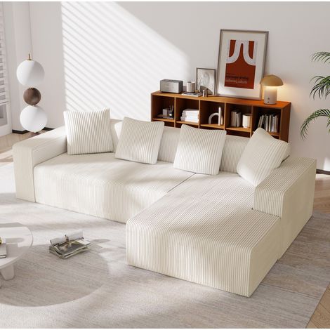 Divano modulare a L con chaise longue, 261 x 146 x 65 cm, tessuto tipo velluto a coste bianco HAVRYA (1/5)