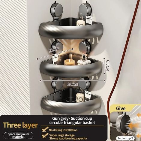 (Étagère grise CUP 3) Étagère de salle de bain adhésive à ventouses sans perçage, étagère de salle de bain, étagère suspendue en aluminium pour toilettes, organisateur de salle de bain à accrocher au (1/5)