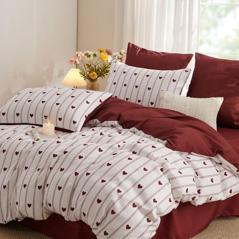 1 Parure De Lit 2 Personnes, Housse De Couette 220x240, Microfibre, Motif Cœur Rouge, Avec 2 Taies D'oreiller 65x65 (1/5)
