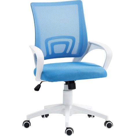 Sedia da ufficio girevole in rete con altezza regolabile, funzione di inclinazione e braccioli, portata massima 120 kg, colore azzurro.