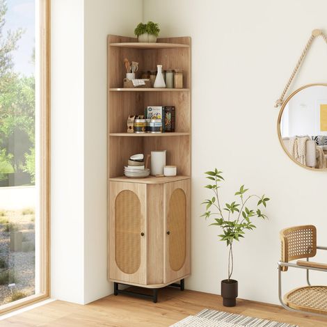 172 cm Tall PE Rattan Corner Cabinet with 2 Doors and 4 Open Shelves-Natural (1/5)
