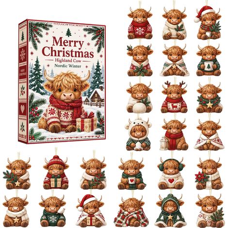 Adventskalender 2026: Hochlandrinder-Weihnachtskuh mit Schneebällen – 24 flache, zweidimensionale Acryl-Hängeornamente – niedliche Kühe im Schnee – Christbaumschmuck und originelles Geschenk für Tierl (1/5)