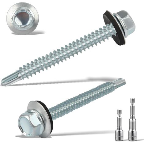 Lot de 120 vis à tôle trapézoïdale auto-taraudeuses avec rondelle d'étanchéité 5,5 x 25 mm + 2 douilles hexagonales M8 Vis étanches galvanisées Vis de toit en métal (argentées) (1/5)