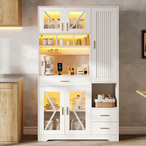 Buffet 105x40x185 cm en bois blanc, avec rangement et LED pour cuisine ou salon FloraGrace (1/5)