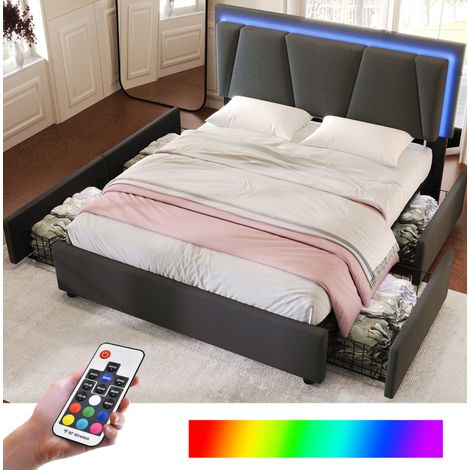Cama tapizada 140/200 cm gris de madera con LED, 4 cajones y cabecero regulable (1/5)