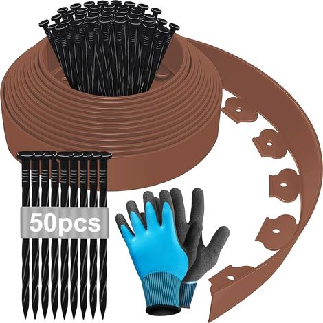 Bordure de Jardin Flexible 10m, Bordure Jardin Exterieur Hauteur 10cm, Bordure Jardin Plastique, Bordurette de Jardin, Garden Edging, Bordure de Tonte, avec Gants et 50 Ongles - Marron (1/5)