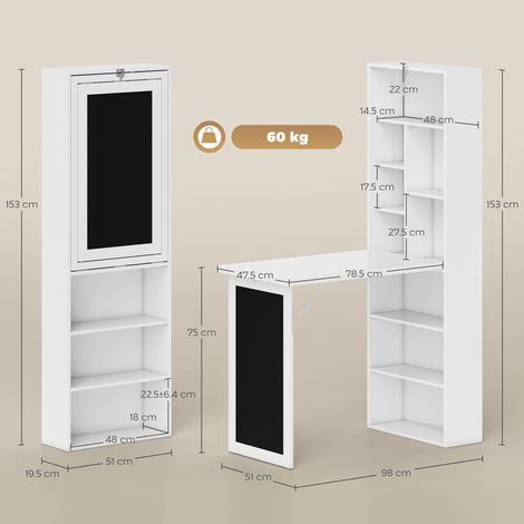 Bureau d'ordinateur pliable avec bibliothèque à 9 niveaux en bois et métal, 98 x 51 x 153 cm, blanc (1/5)