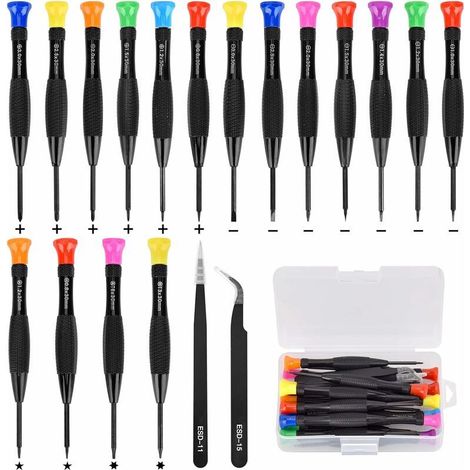 18 pcs Set Tournevis Magnétiques, Jeu de Tournevis Cruciformes Plat Tournevis Pentalobe Hexagonaux, Pinces pour réparation téléphone portable lunettes montre bijoux Kit d’outils