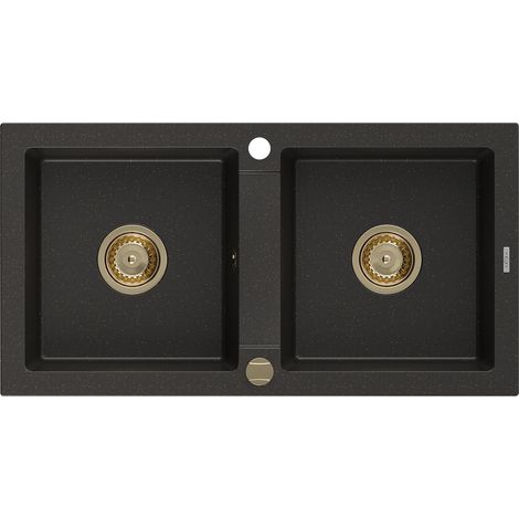 Mexen Mario évier en granit à 2 cuves 820 x 436 mm, Noir/Or métallique, siphon Or - 6504822000-75-G (1/5)