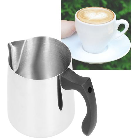 Pichet à mousser le café avec poignée en plastique noir résistant à la chaleur, tasse à mousser le lait, tasse à mousser en acier inoxydable, 600 ml (1/5)