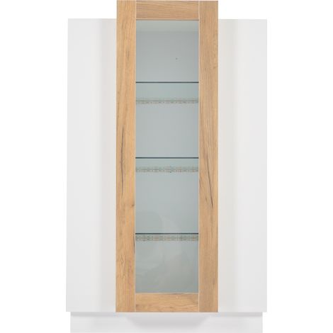 Vitrine de salon avec éclairage LED, meuble vitrine à trois portes transparentes, 4 niveaux, finition blanche et bois, 74 x 40 x 120 cm (1/5)