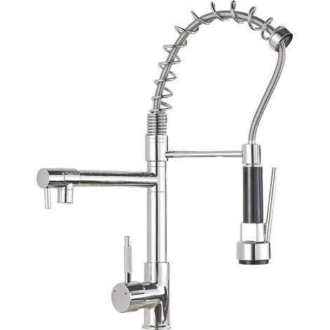 MINKUROW Rubinetto da cucina con 2 getti Miscelatore monocomando Spruzzatore a doppia funzione Girevole a 360 ° Rubinetto freddo e caldo disponibile, ottone cromato (1/5)