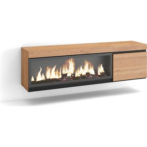 Skraut Home - Mobile TV Soggiorno, Ampio spazio a disposizione, 160, Per TV fino a 65", Camino elettrico XXL, Sospeso, da appendere, Stile moderno, Rovere (1/5)