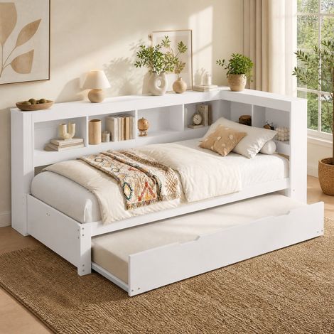 Letto da giorno 90x200 cm bianco in legno di pino con letto estraibile e prese USB (1/5)