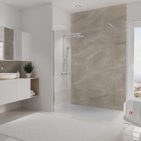 Schulte panneau mural 150x255 cm, revêtement pour douche et salle de bains, placement facile, DécoDesign DÉCOR, pierre taupe-sablé (1/5)