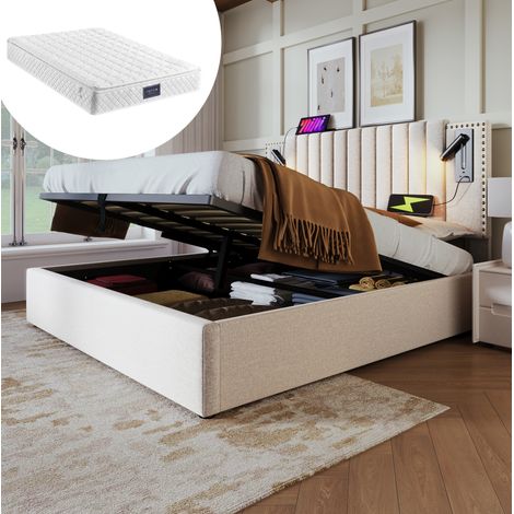 Bett Doppelbett Stauraum 140x200 mit USB Beige OKMYHOME (1/5)