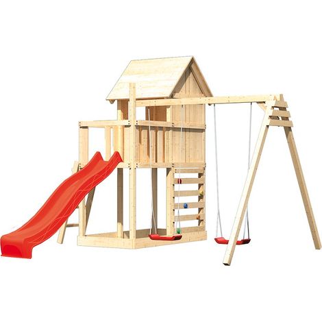 Akubi Stelzenhaus Frieda natur Rutsche rot+DS+Kletterwand