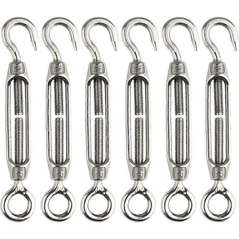 Satz mit 6 M4-Kabelspannern aus Edelstahl, verstellbar, mit Haken und Öse, für den Einsatz unter hoher Belastung.