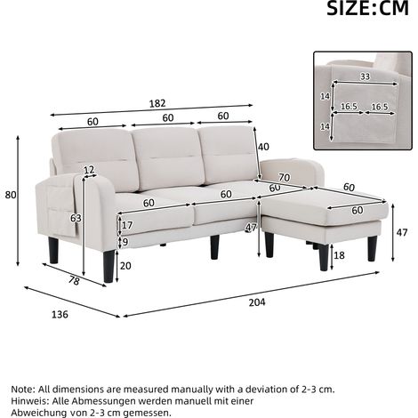 Canapé d'angle 3 places méridienne beige, petit sofa d'angle avec rangement latéral, pieds hauts 25 cm, salon compact, 204x136x80 cm, moderne (1/5)