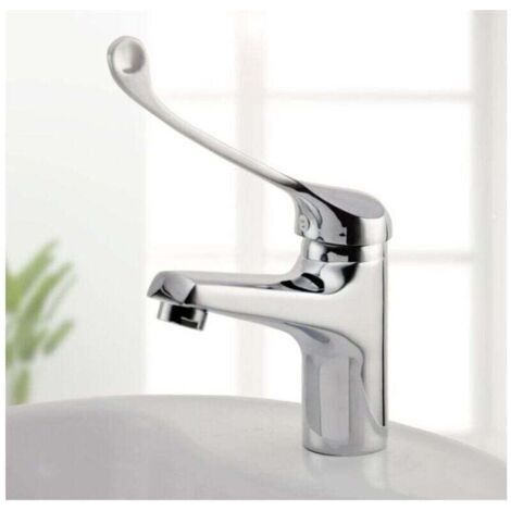 Robinet de salle de bain PMR à poignée allongée, mitigeur monocommande à poignée médicale chromé argenté, poignée allongée. (1/4)