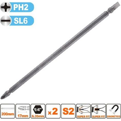 Trade Shop - Kit 2pz Di Bits Da 200mm Punte Doppie Inserti Ph2 + Sl6 Punta S2 Magnetica 57246 - (1/2)