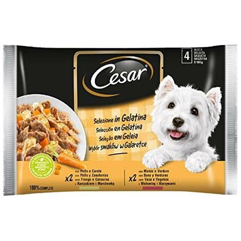 alimento umido per cani cesar "selezione in gelatina" manzo e verdure 4 pz x 100 gr