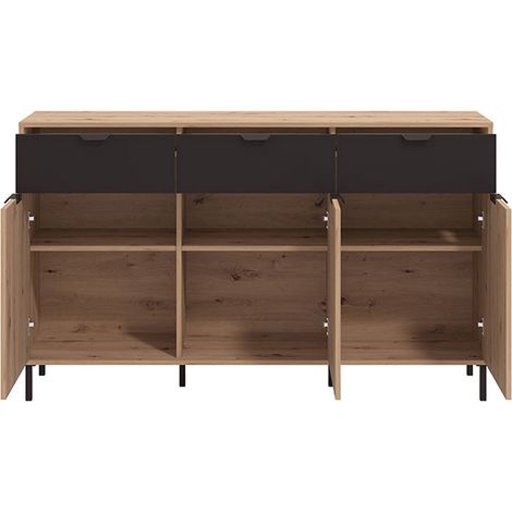Robbio Sideboard, 3 Schubladen, 3 Regale, Schwenk- und Schiebetüren, 157x40x92,5h cm Eiche Braun