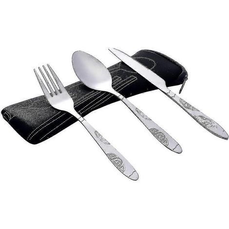 Ensemble de couverts 3 pièces en acier inoxydable (fourchette et cuillère), vaisselle de voyage et de camping, noir. (1/5)