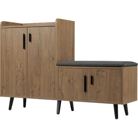 Schuhbank mit gepolsterter Sitzfläche, Holzoptik, 4 Türen, 120 x 34 x 82,8 cm (1/5)