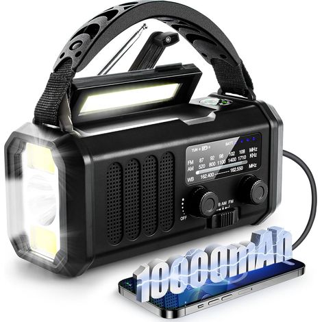 Radio météo d'urgence, meilleure batterie portable 10 000 mAh, manivelle, radios solaires AM/FM, chargeur de téléphone de type C, lampe de poche, lampe de lecture, boussole, alerte de survie SOS (1/5)