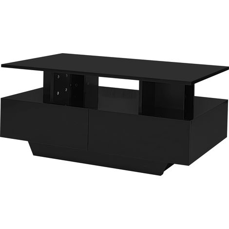 Table basse moderne noire laquée avec LED et 2 tiroirs 90x55x41 cm (1/5)
