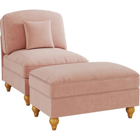 Fauteuil lounge en chenille rose avec housse Ă volants amovible, pieds fuseaux et pouf mobile (1/5)
