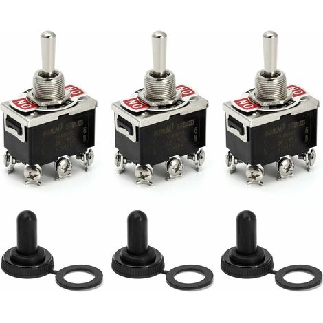 Interrupteur à bascule, AC380V 15A / AC250V 10A, interrupteur marche/arrêt/marche 3 positions 6 broches avec capuchon étanche noir, 3 pièces (1/5)