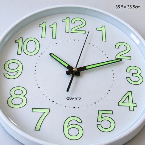 Horloge murale CL001-14, bordure blanche, fond blanc, chiffres luminescents, dimensions 35,5 × 35,5 cm (1/2)